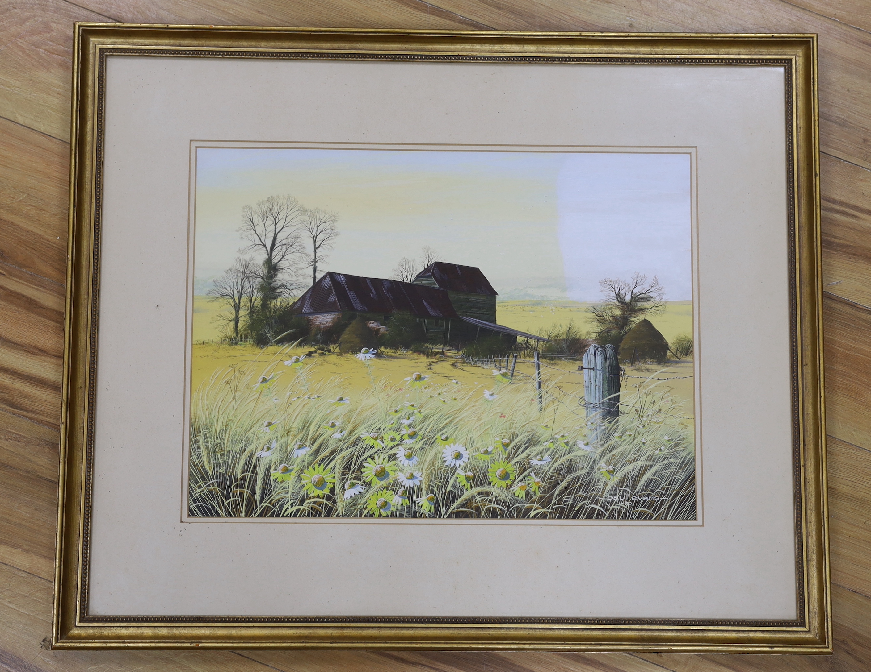 Paul Evans (b.1950) gouache, Hay barn and meadow in autumn landscape, signed and dated 1982, 58cm x 43cm